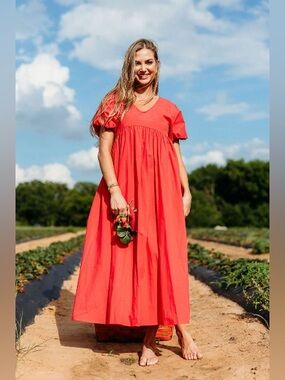 Worth Collective Bump Friendly Louve Maxi Dress Red Babydoll Dress V-Neck Cotton